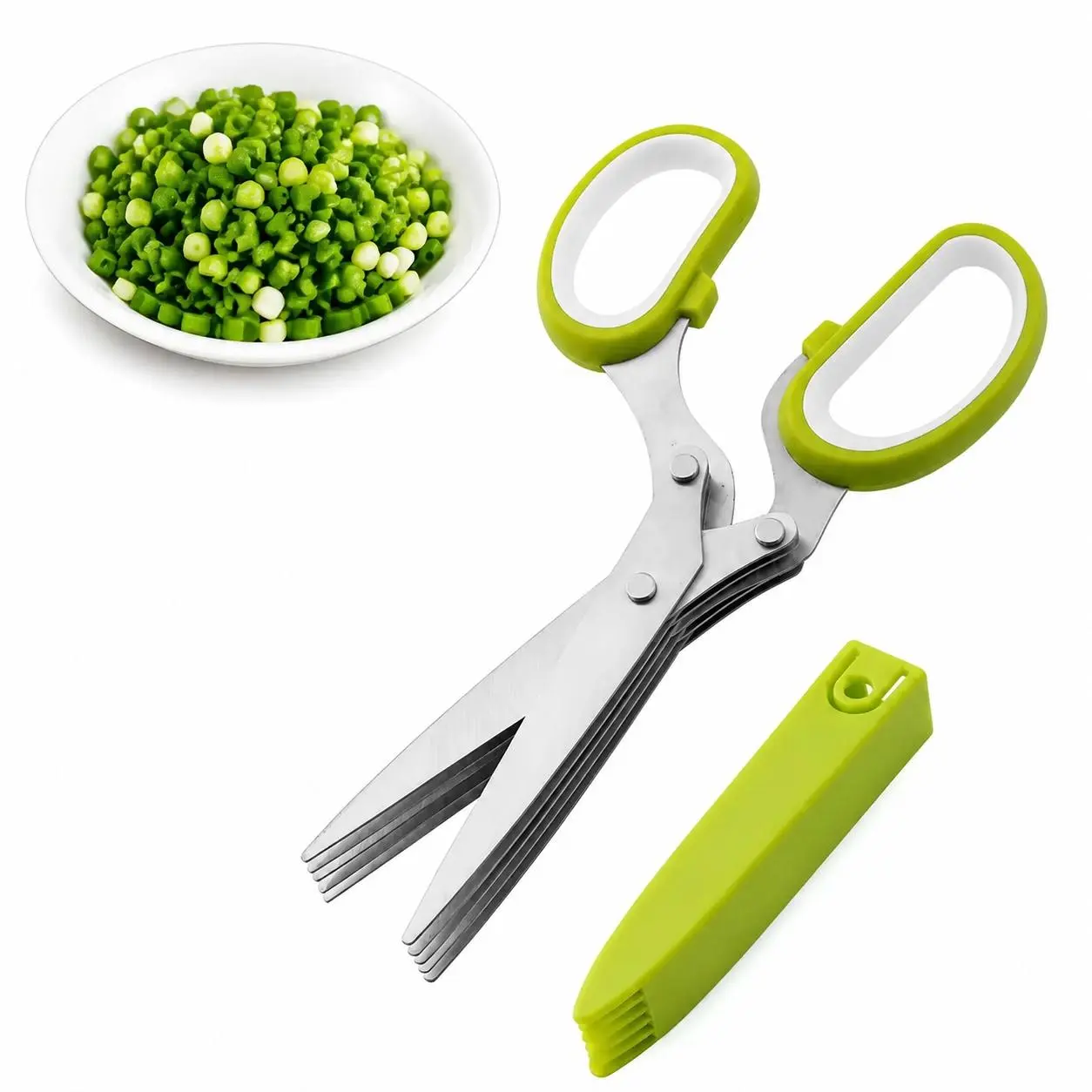 5-Blade Stainless Steel Herb Kitchen Shears, Multipurpose Food Scissors with Cleaning Comb & Safety Cover for Green Onion, Basil Cutting (Home & Party Supply)