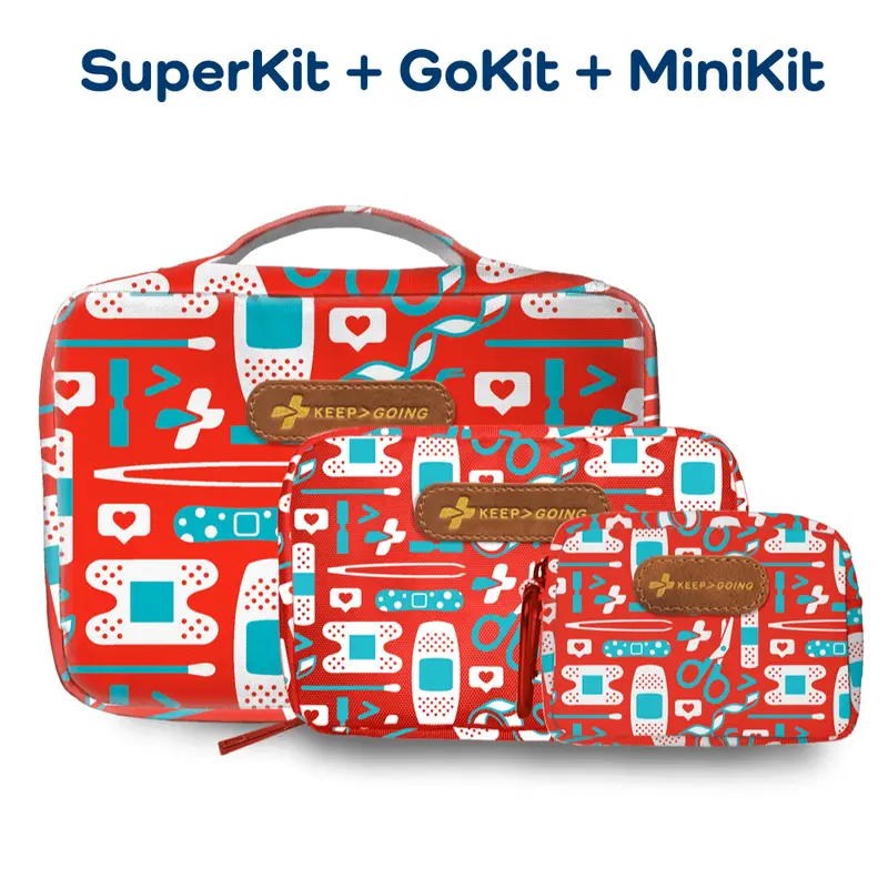 KEEP-GOING 3-Kit Emergency Medical Bundle (SuperKit+GoKit+MiniKit) - 600D Nylon Organized Bags, Compact, 100% Latex and PFAS-Free First Aid Set with 4-Side Bandage, Carabiner, 4.5" x 3.75" x 1.75" Emergency Supplies