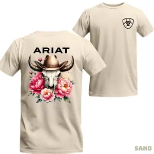 Ariat T-shirt - Unique Cowboy-style Tee Featuring A Bull Skull And Floral Design, Soft Breathable Fabric, Perfect For Western Fashion Lovers And Outdoor Activities Menswear Top Man Tshirt Streetwear