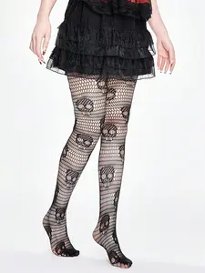 Fashionable Horror Skull Fishnet Socks, Halloween Punk Style Stockings, One Pair, Perfect for Party & Cosplay Events