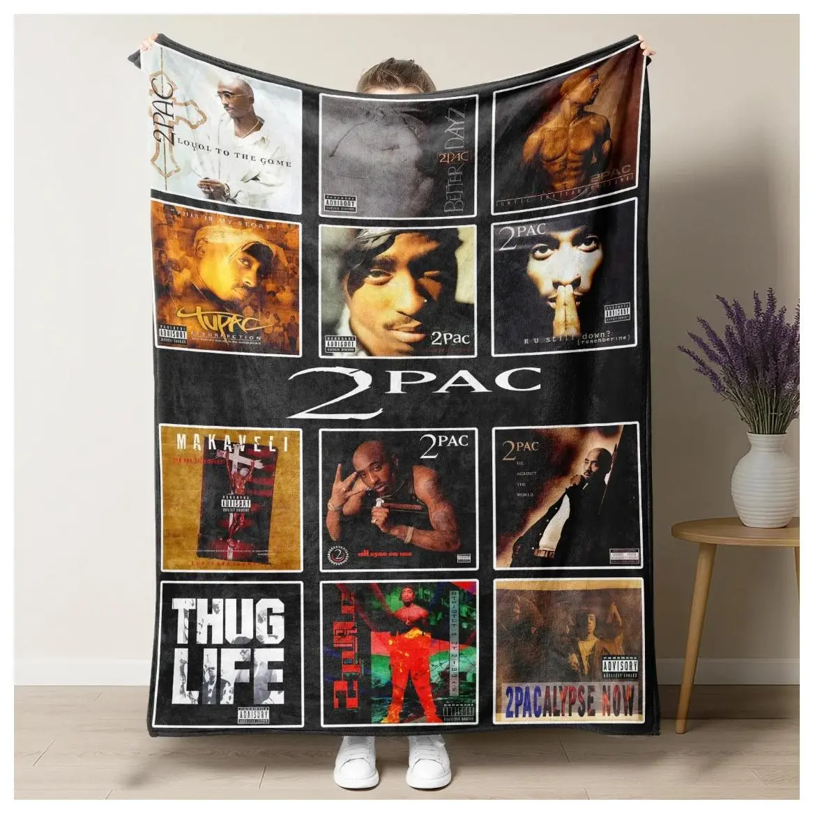 2Pac Tupac Shakur Iconic Album Art Collage Fleece Blanket - Makaveli Thug Life Hip Hop Icon Plush Throw, Super Soft Decorative Collectible for 90s Rap Collectors, Sofa & Bedroom Use, Collectibles