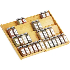 Bamboo Spice Drawer Organizer, (Need 3" Deep Drawer) Expandable 4 Tier Spices Rack for Cabinet, Kitchen Seasoning Storage Insert (Jars Not Included, From 12" to 23" Wide)
