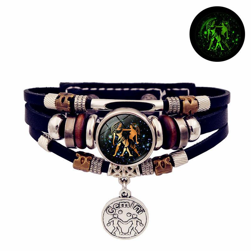 Luminous 12 Zodiac Signs Leather Bracelet — Unisex Gift, Commemorative, Handmade, Multi-Layer Beaded Wristband & Creative Jewelry