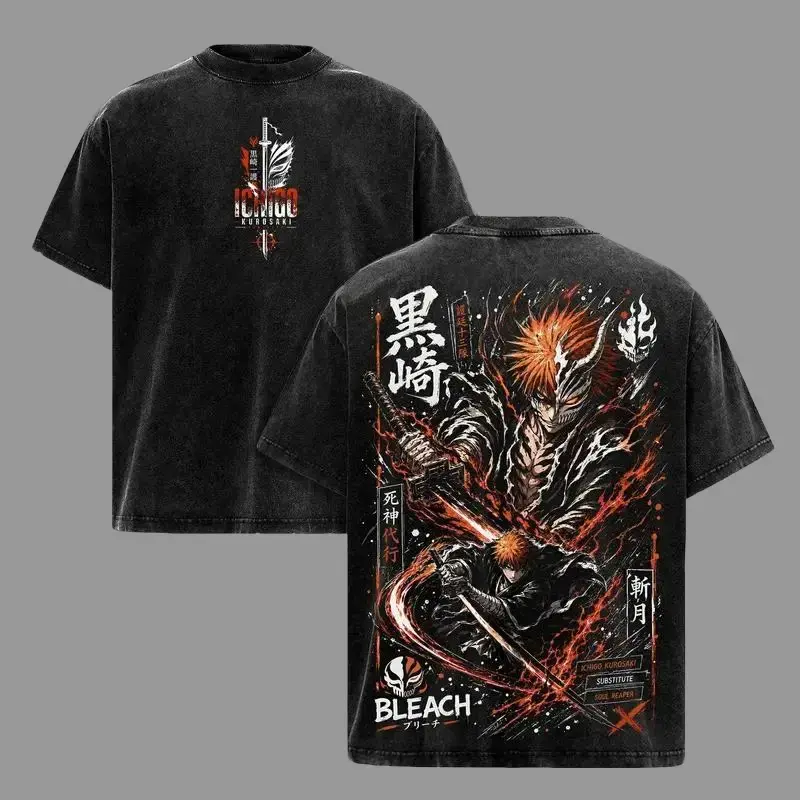 Men's Vintage Washed Ichigo Kurosaki Oversized Anime T-Shirt, Heavy Cotton Double-Printed Graphic Tee, Bleach TYBW 1000-Year Blood War Streetwear Top, Japanese Manga Apparel