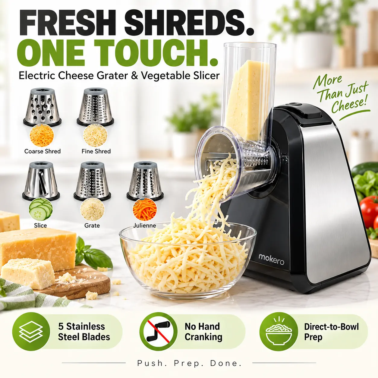 Electric Cheese Grater for Block Cheese & Vegetable Slicer, 5 Interchangeable Cones for Shredding and Slicing
