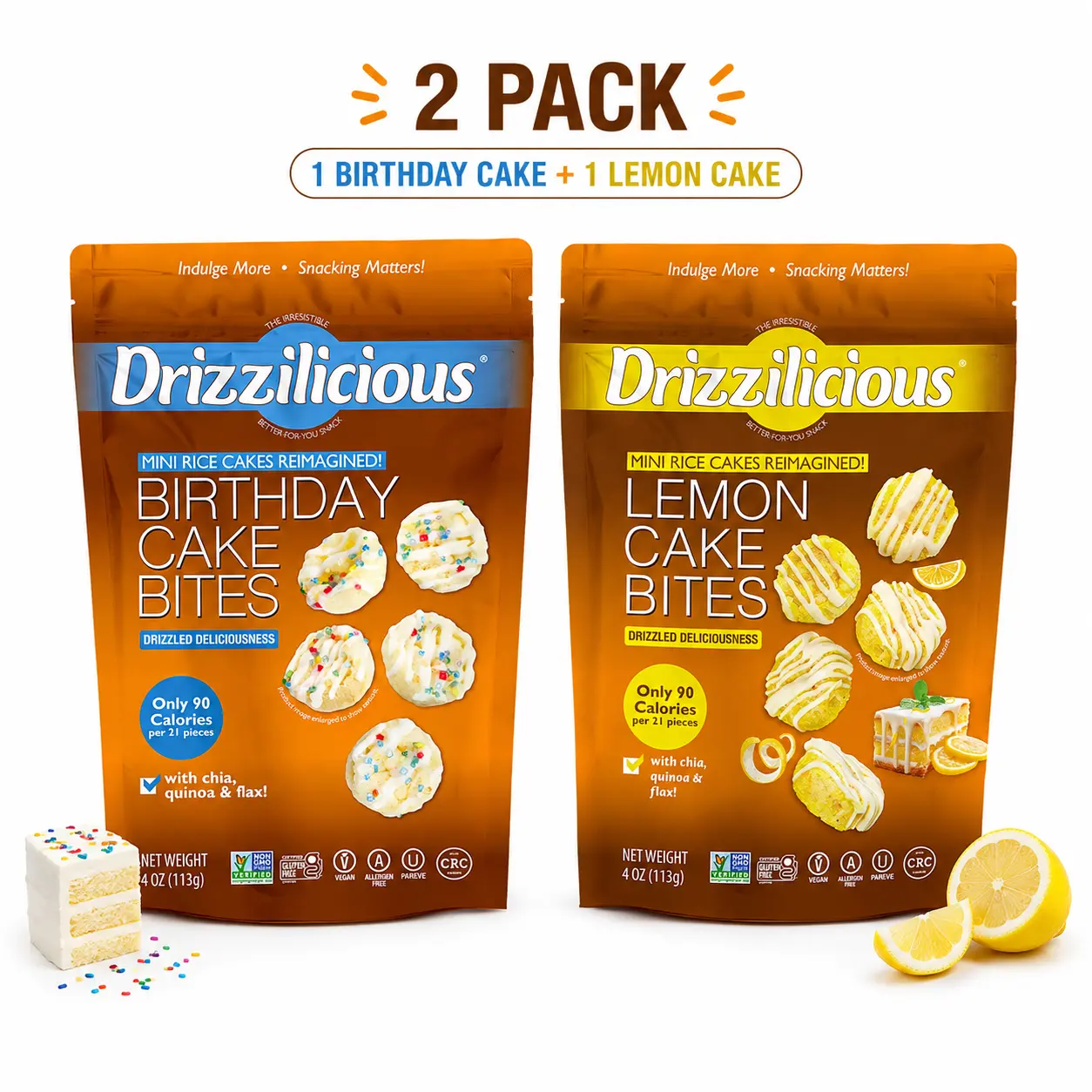 Drizzilicious Mini Flavored Rice Cakes - Birthday & Lemon Varieties, Rice Crisps, Healthy Vegan Gluten-Free Allergen-Free Snack for Adults & Kids, 90 Calories Per 21 Pieces, 4 oz (Pack of 2)