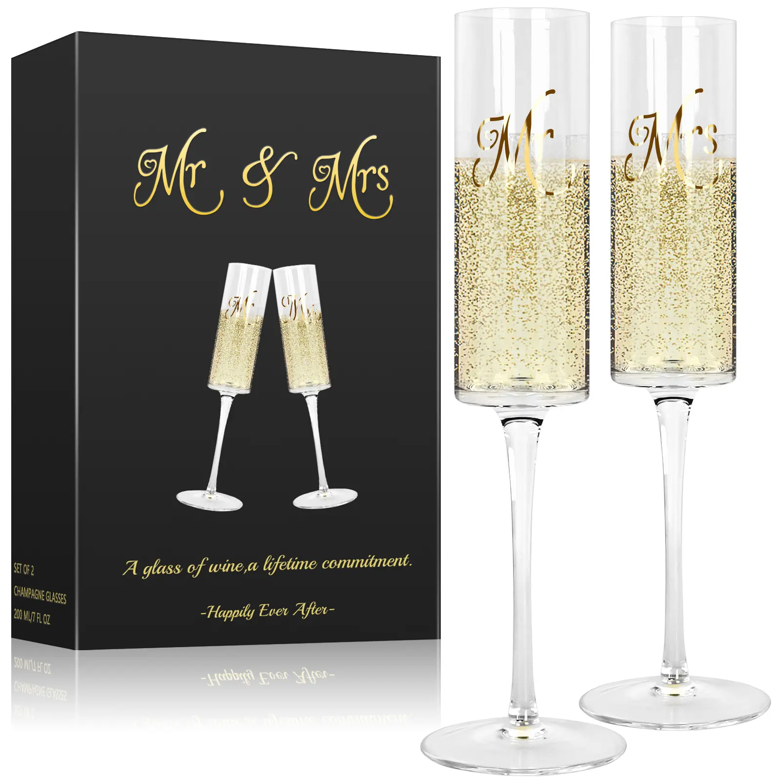 Mr & Mrs 210ml Stylish Round Champagne Flute Glassware Set - Engagement & Love Wedding Milestone Toasting Kitchenware, Versatile for Champagne, Prosecco, Cocktail Glass Use, Practical