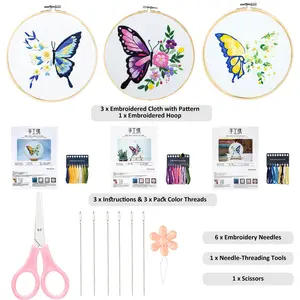 3PCS Butterfly Flower Embroidery Kit Starter Set, Hand Embroidery Set,Pattern Printed Cross Stitch Set for Beginner Adults, with Embroidery Hoop and Instructions