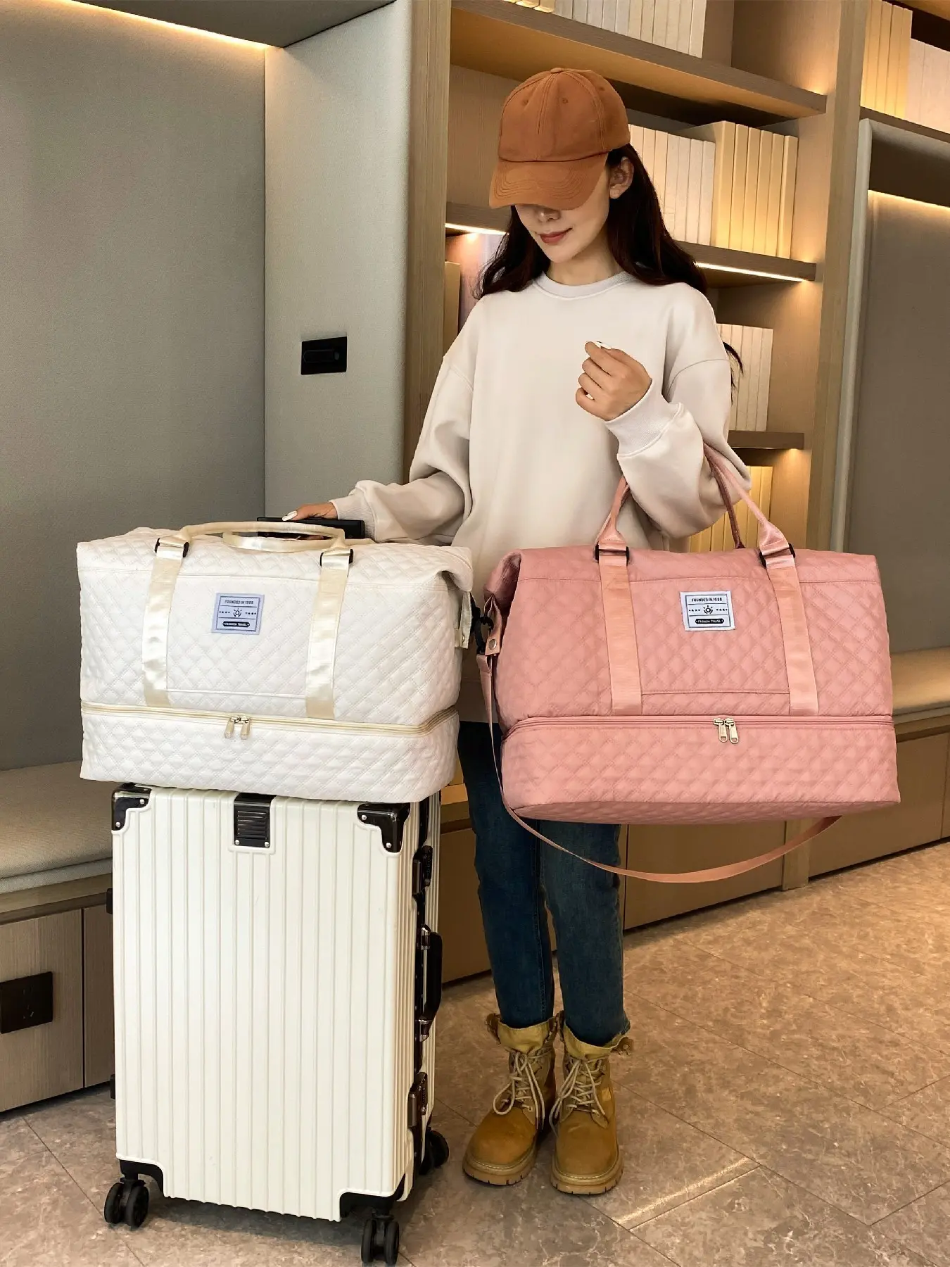 High-Value Diamond Pattern Travel Duffle Bag, Dry-Wet Separation Design, Fits Luggage, Fashionable Women's Travel Bag, Commute & Business Use, Traveling Bag, Travel Duffels, Duffel Bags