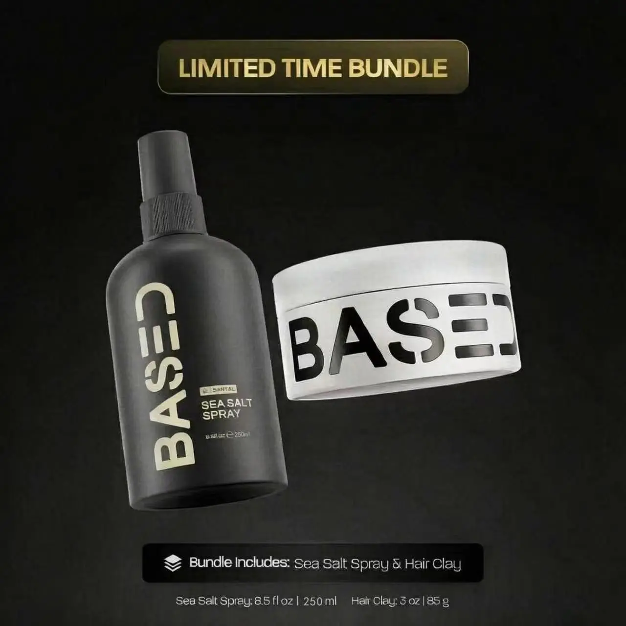 BASED Texture & Hold Duo: Sea Salt Spray & Hair Clay Bundle - Science-Backed Volumizing Spray with Kelp & B5 + Strong Hold Texturizing Clay with Santal Sandalwood, Low Shine, Paraben Free