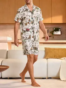 2-piece set for men, Western cowboy-themed short-sleeved top with cactus print and shorts featuring soft and comfortable fabric, small pockets, elastic waistband, suitable for all seasons, home wear, casual leisure, men's pajama set, Menswear