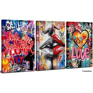 3PCS Banksy Pictures Canvas Wall Art Abstract Colourful Graffiti Painting Wall Art Romantic Kissing Pop Art Wall Art Print Unframed Art Print Modern Love Poster for Bedroom Wall Pictures Living Room Decoration
