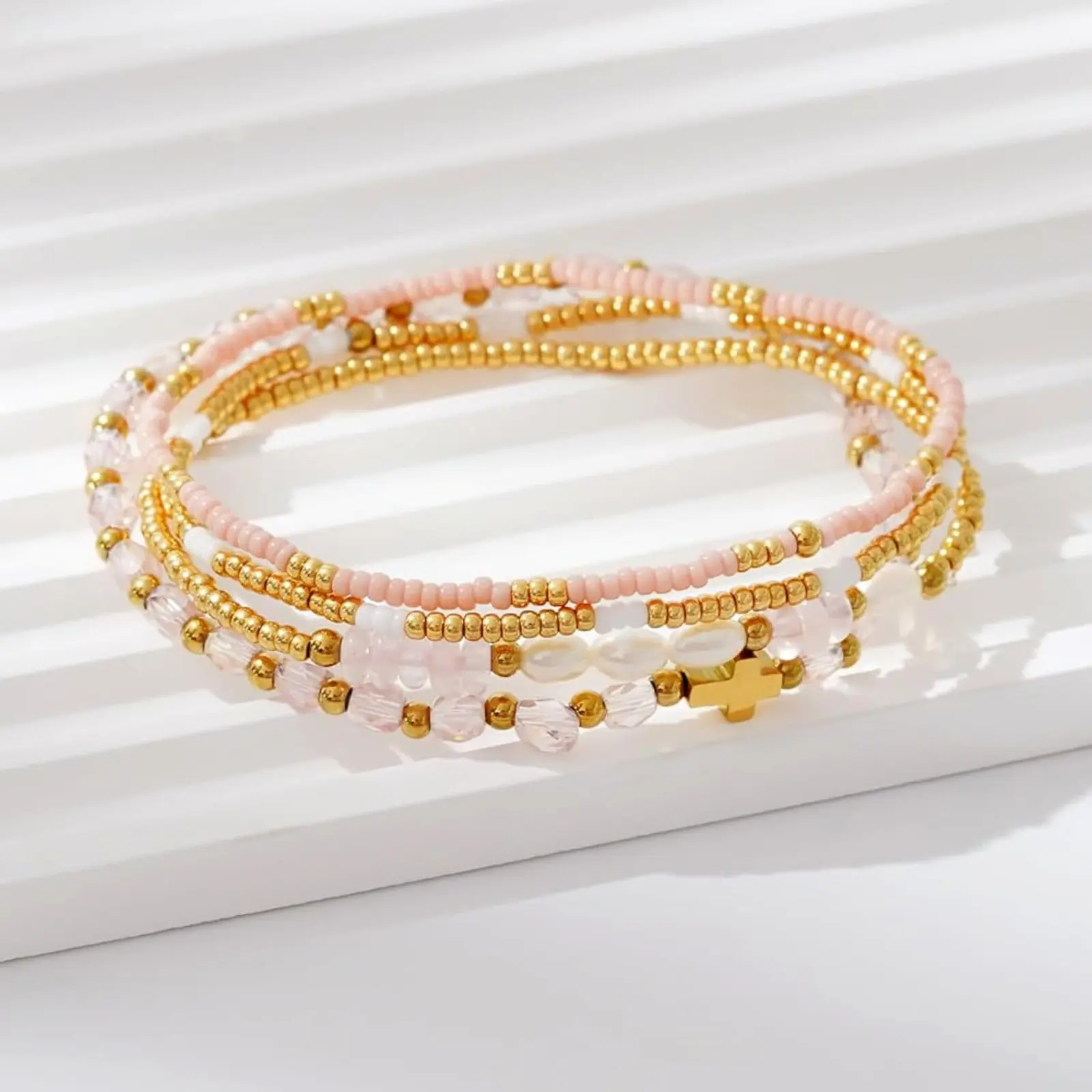Four-Layer Stacked Bracelet: Rose Quartz, Seed Beads, and Gold Beads — Niche, Light-Luxury Style for Daily Wear