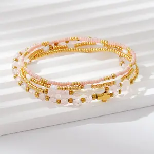 Four-Layer Stacked Bracelet: Rose Quartz, Seed Beads, and Gold Beads — Niche, Light-Luxury Style for Daily Wear