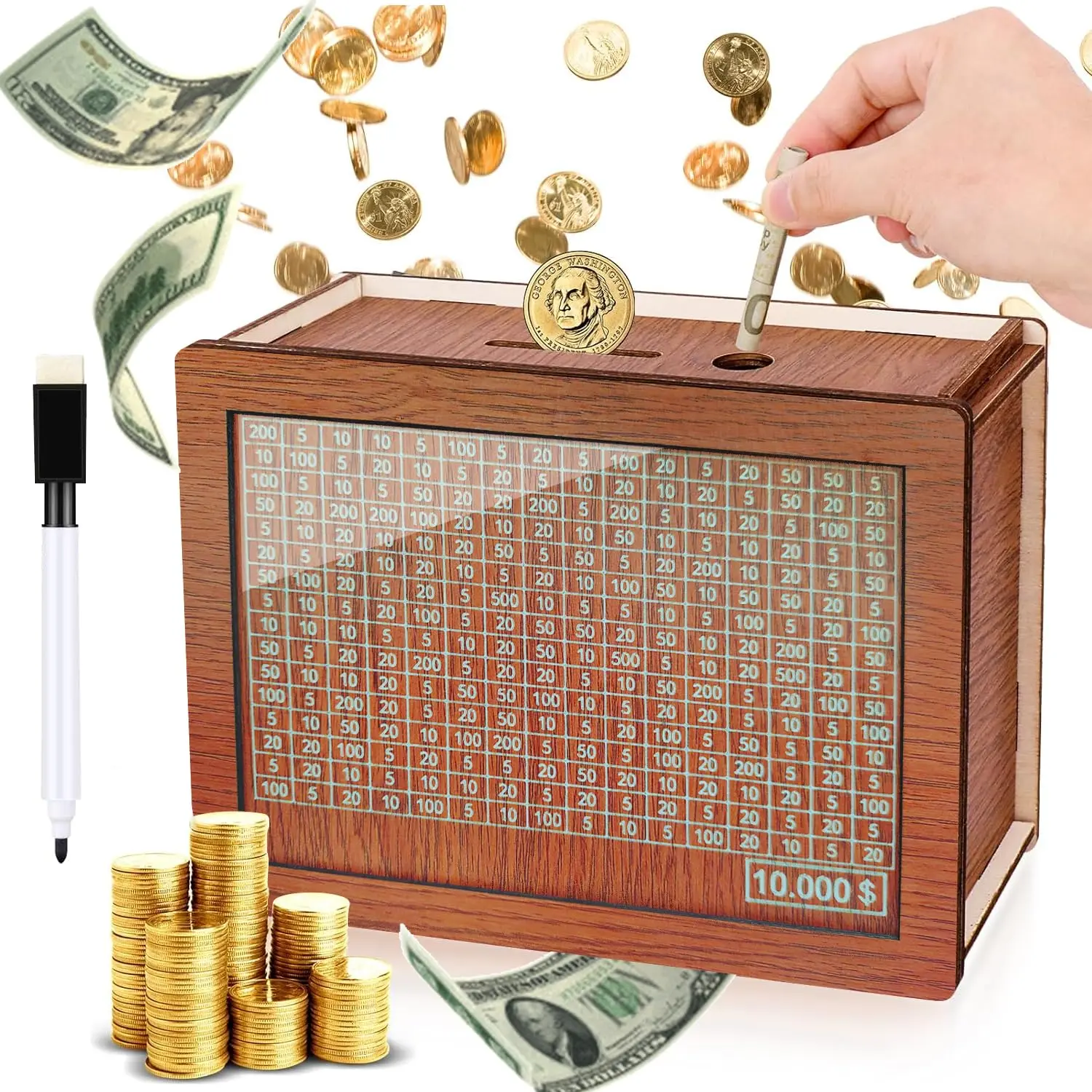 10000 Savings Challenge Box, Money Saver Box 10k Smash, Wooden Digital ...