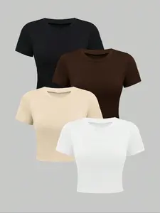 Women's Plain Short Sleeve Jersey Tee, Summer Clothes Women, Casual Round Neck Comfy T-shirt for Summer, Summer Outfits 2024, Women's Top for Daily Wear