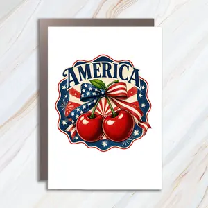 America Cherry Greeting Card, Patriotic 4th of July Card, Independence Day USA Card with Red Cherries, American Flag Bow, Stars and Fireworks JC11