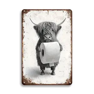 Highland Cow Holding Toilet Paper Metal Tin Sign 8x12 Inch Retro Vintage Decor for Home Cafe Restaurant Unique Gift for Friends & Familywall decor flags