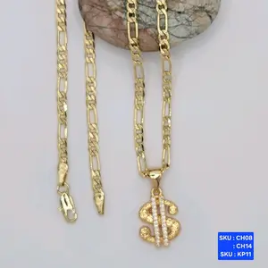 Nice Dollar Sign Pendant 18k color Chain Figaro link Diamont cut 14k color 24 & 18 Inches 3.5 Millimeters Laminated Gold SKU : CH08, CH14, SKU : KP11