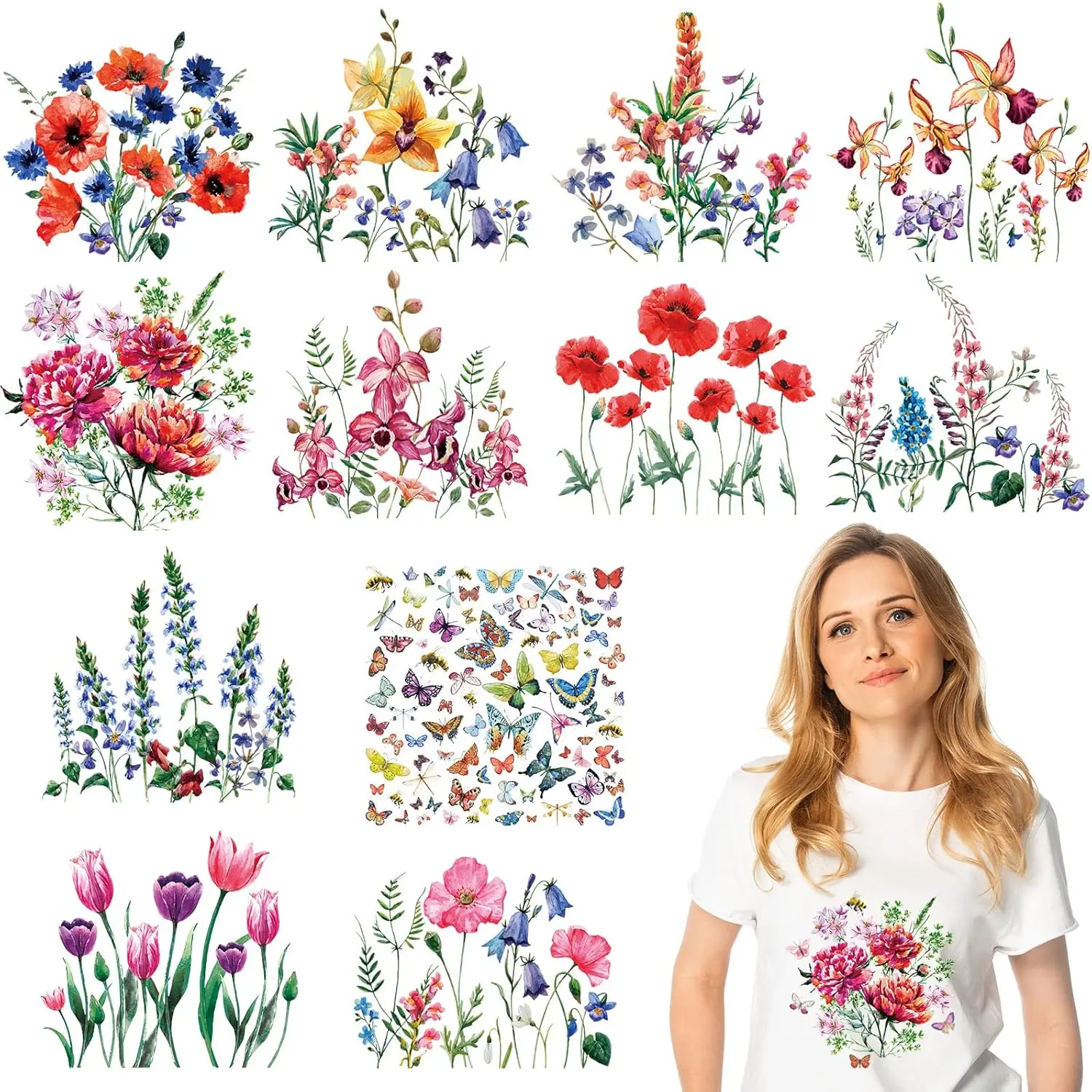 12 Sheets Flower Iron on Decals Watercolor Transfers for Clothing, Flower Heat Transfer Stickers, Appliques for T-Shirts Jackets DIY Art Decor