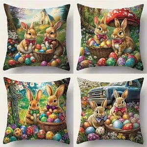 4pcs Easter Rabbit & Easter Egg Print Decorative Throw Pillow Covers Set, Modern Vintage Style For Sofa, Living Room, Outdoor Decor, Decorative Pillows, Single Sided Printing, No Pillow Core
