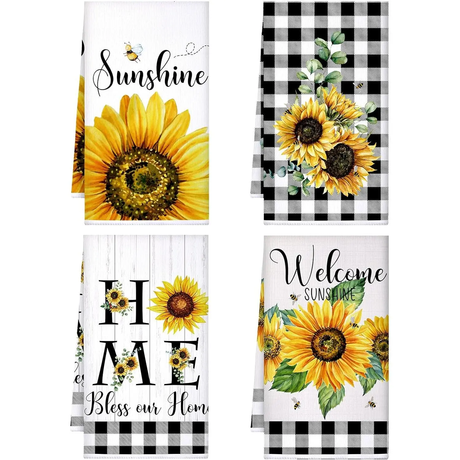 4 Yellow Sunflower Kitchen Towels - Fast Drying Hand Dish Towels for Cooking, Plaid-Accented Decor for Kitchens, Bathrooms, Shops (Spring-Summer Themed), Breathable