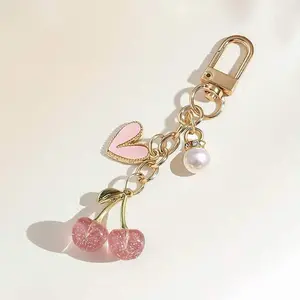 Women's Elegant Cherry Design Heart Keychain, Cute Shiny Cherry Keychain, Keyring, Fashionable Pendant Bag Charm, Casual Style, No Choking Hazard