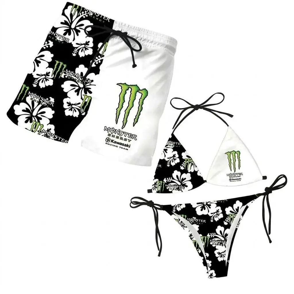 Couples' Monster Energy Inspired Swimwear Set - Women's Floral Bikini, Men's Beach Shorts, Tropical Hawaiian Summer Vacation Pool Party Outfit