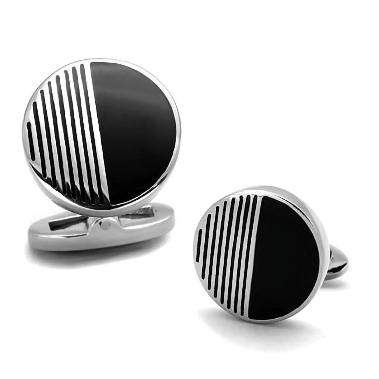 Men High Polished Stainless Steel Cufflink with Epoxy in Jet
