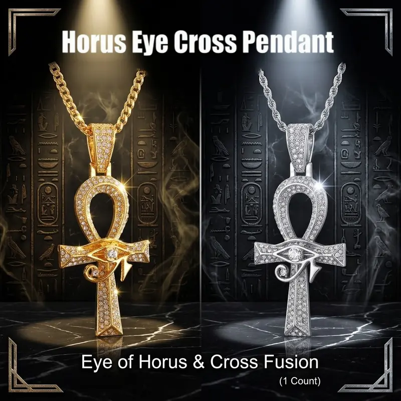 Horus Eye Cross Pendant Necklace - Zinc Alloy Bold Cross Design Cuban Style Necklace, Rhinestone Jewelry with Icy Translucent Gold-Plated , Ancient Symbolism Halloween Gift