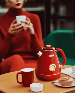 Hazel Quinn Retro Electric Kettle - 1.7 Liters / 57.5 Ounces Tea Kettle with Thermometer, All Stainless Steel, Fast Boiling 1200 W, BPA-free, Cordless, Rotational Base, Automatic Shut Off - Ruby Red