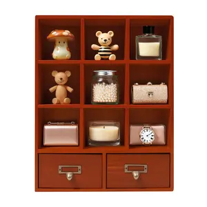 9 Compartment Wooden Storage Cabinet, Vintage Wooden Display Organizer with Two Drawer, Wall Mount or Freestanding, Suitable for Placing Decorations, Books, Use in Living Rooms, Study Rooms, Bedrooms