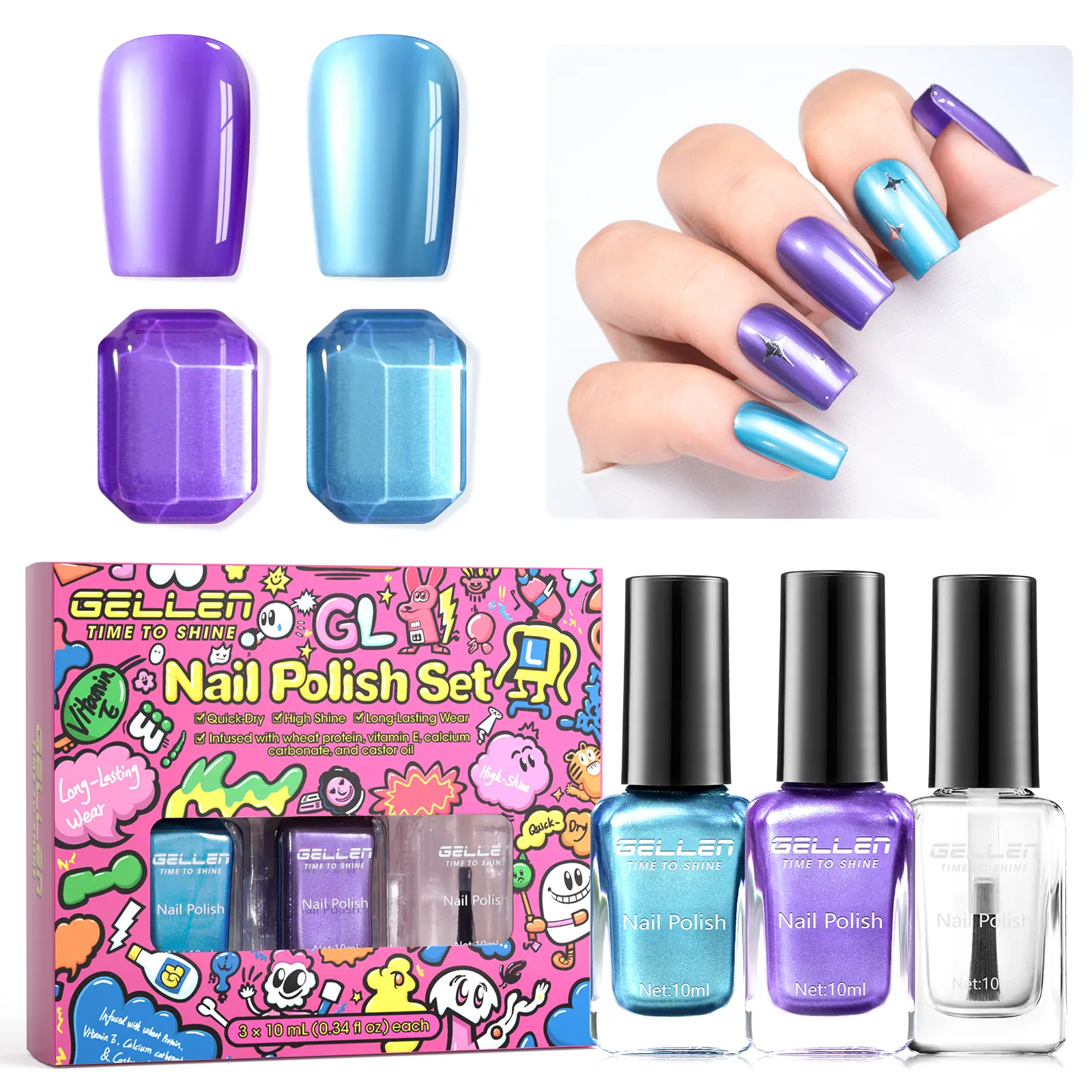 GELLEN Sparkle Halloween Nail Polish 3 Pcs Set- 3 Colors Pink Purple Blue Glitter Sequins Nail Polish Quick Dry Sparkle Fingernail Polish Non Gel Nail Lacquer Home Salon DIY Nail Art Manicure Gift