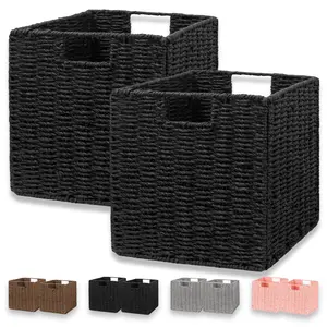 Storage Basket, Set of 2 Hand-Woven Paper Rope Wicker Baskets, Foldable Cube Storage Bins, Black Wicker Storage Basket Square Baskets for Organizing Shelves & Decor, Black (11″×11″×11″)