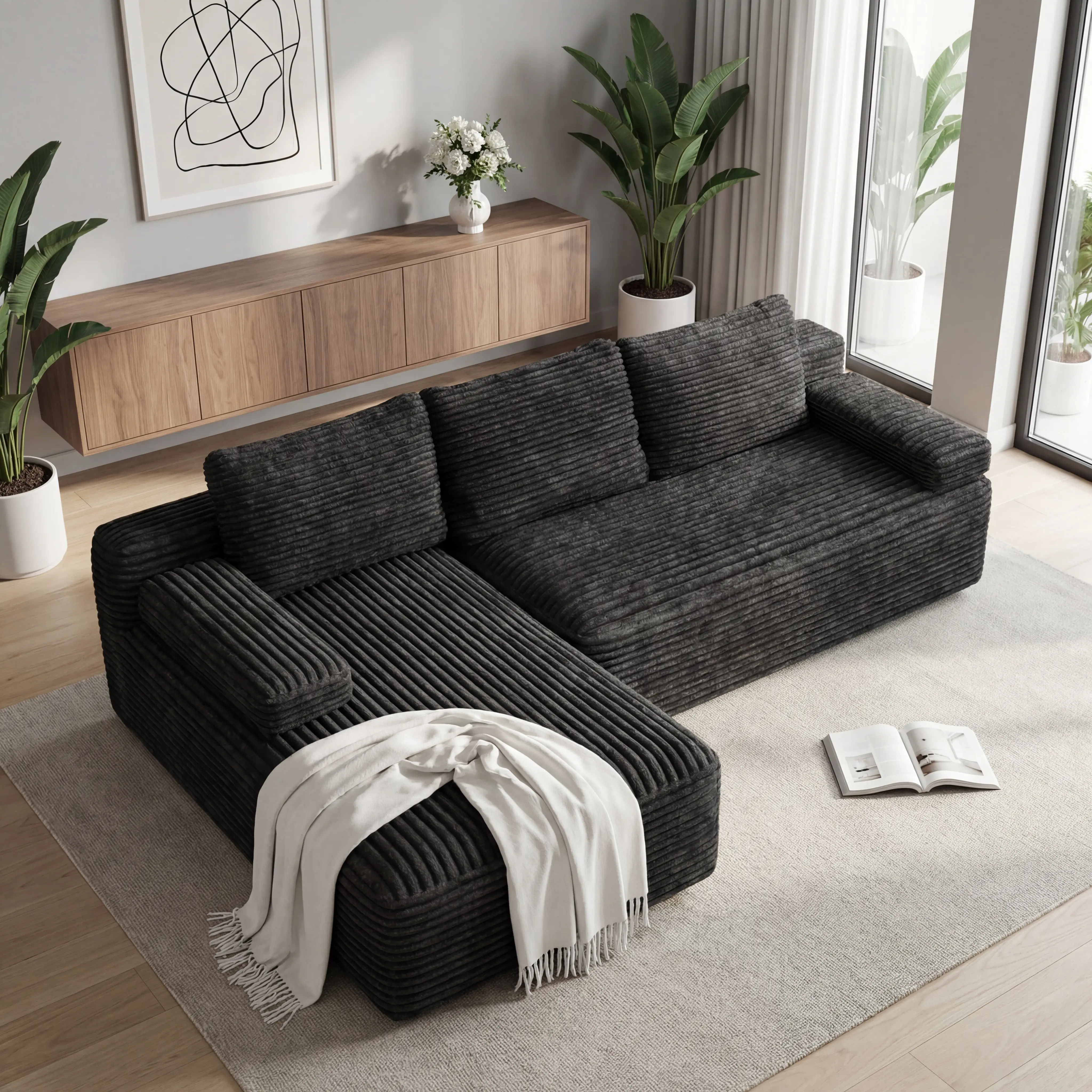 Costoffs 110" Width L-Shaped Boneless Left-Seat Sectional Sofa (2 Packages) - Comfy Couch, Corduroy Foam, Plush Texture, 5+ Arrangements, Anti-Slip Base, 3 Detachable Pillows, 1400lbs Capacity, Pet-Friendly, No Assembly Needed for Apartment Living Room