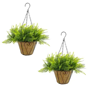 Garvee 2-Pack Artificial Outdoor Hanging Ferns with Baskets, UV Resistant Faux Greenery Plants for Home, Garden, Porch, Balcony, Patio, and Yard Decoration