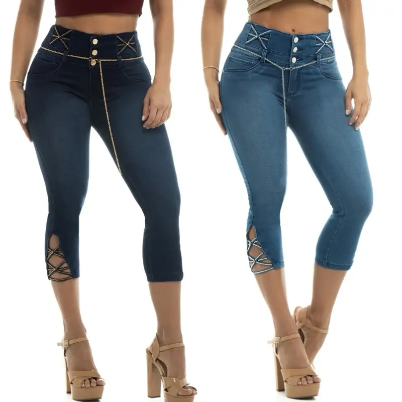 Women's Colombian High-Waist Skinny Fit Bedazzled Stretch Jeans - Denim Fabric, Butt-Lifting, Tummy Control, Rhinestone Accents, Bottoms, Elegant, Feminine