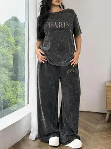 Spring and Summer Sports Plus Size Two-piece Set with line print, Tie-dye Washed Vintage Short Sleeve T-shirt and Wide-leg Pants, Plus Size Women's Jogging Outfit, Tie Dye Tracksuit
