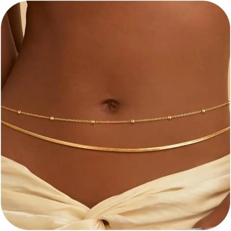 14K Gold Plated Stainless Steel Waist Chain for Women, Layered Belly Chain with Beads, Waterproof Snake Cuban Body Chain for Beach Summer Jewelry,summerwins
