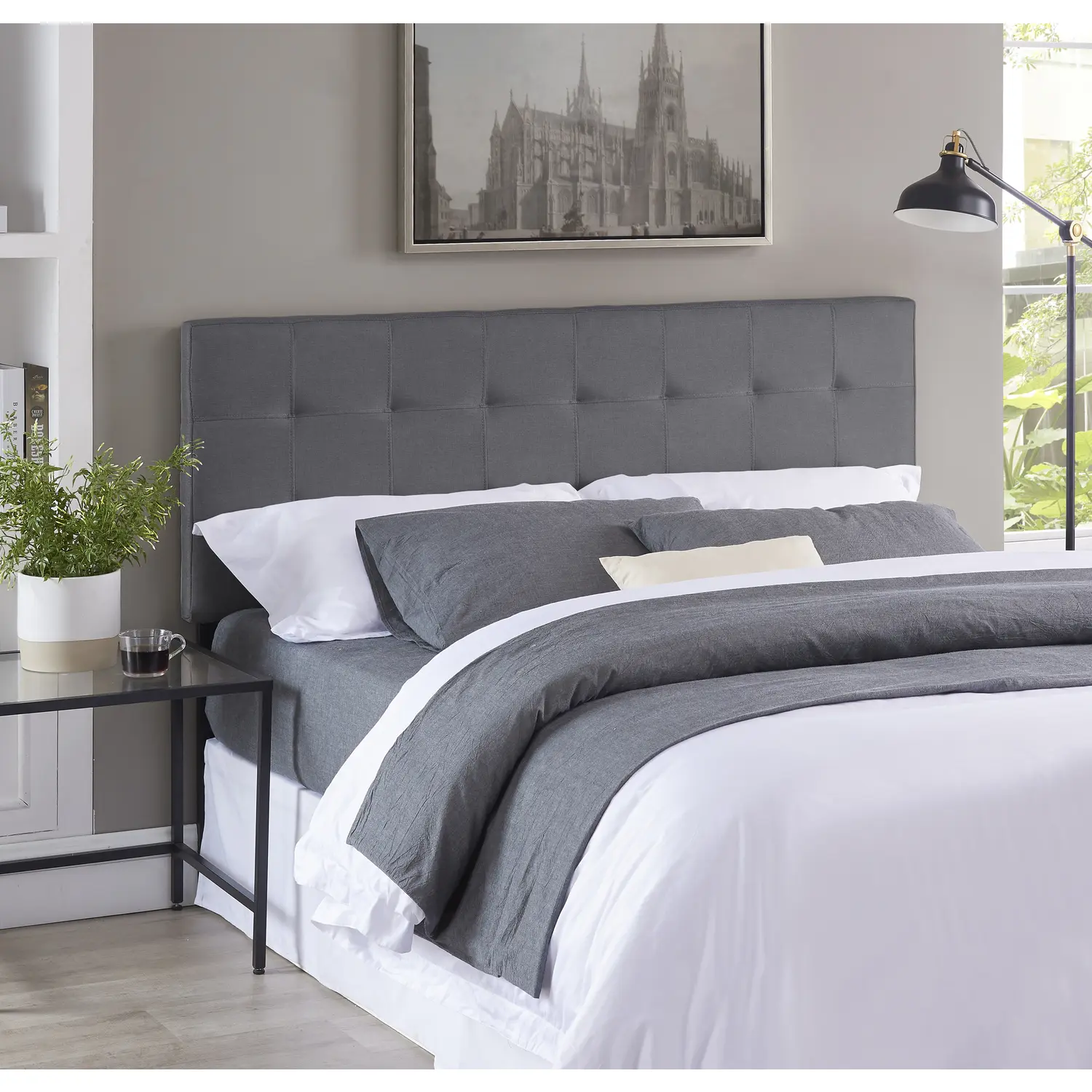 Tufted Queen Bed Headboard - 12 Adjustable Positions, Linen-Inspired Padded Fabric, Durable Design for Modern Bedroom