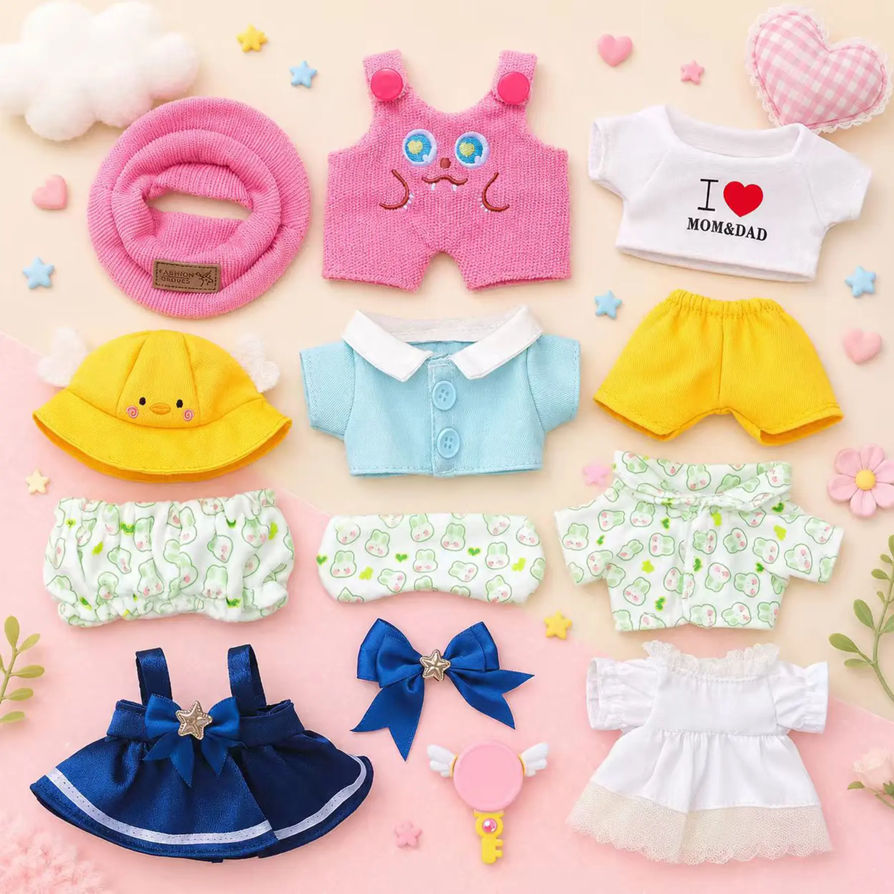 Kireidane 6-in Imaginative Mini Plush Doll Clothes & Accessories Set - 13/14-Piece Lightweight Polyester Outfits Inspo, Hats, Shirts, Pants, Dresses, Skirts, Bows, Glasses for Personalized Stuffed Animal Dress-Up, 6-Inch