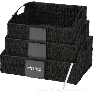 Rattan Storage Basket, Handwoven Wicker Basket for Storage with Built-in Handles, Pantry Baskets for Shelves, Bedroom, Bathroom, Laundry Room or Kitchen(Black)