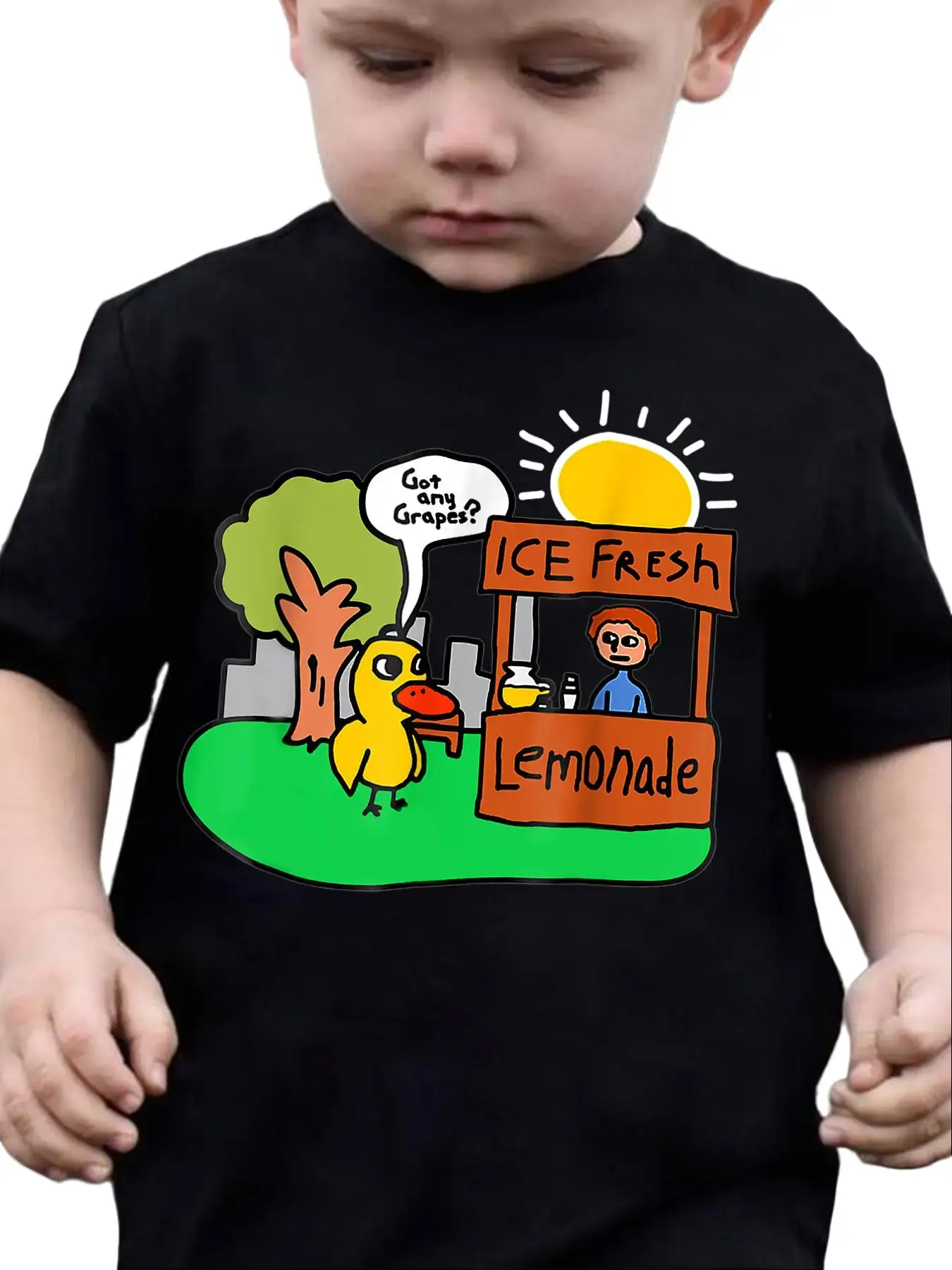Kids' "Got Any Grapes?" Funny Duck Lemonade Stand T-Shirt, Cute Meme-Inspired Cotton Tee, Black Casual Top Cute Graphic Tee Duck Print Tee Cute Basic Tee