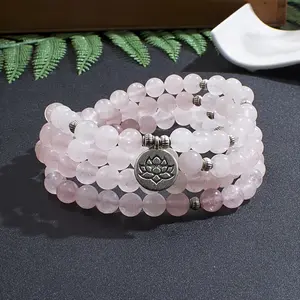 8mm Rose Quartz 108 Mala Beaded Bracelet Elastic Cord Wrap Bracelet for Women with 4 Accessories