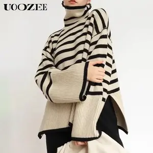 Long Sleeves Loose Contrast Color Split-Joint Split-Side Striped High Neck Sweater Tops Baggy Casual Knitwear Style(Sheet)