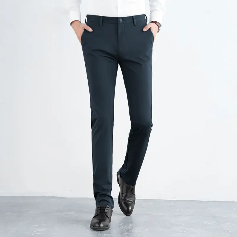 Men’s regular-fit dress pants — lightweight and comfortable; casual business style with a flat waistband; wrinkle-resistant, stretchy men’s trousers.