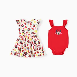 PatPat Disney Minnie Mouse Baby Girl 2 Piece Outfit Set Spring Vibes Floral Dress & Red Romper Cute Ruffle Sleeve Bodysuit for Newborn Toddler Perfect for Easter & Casual Wear
