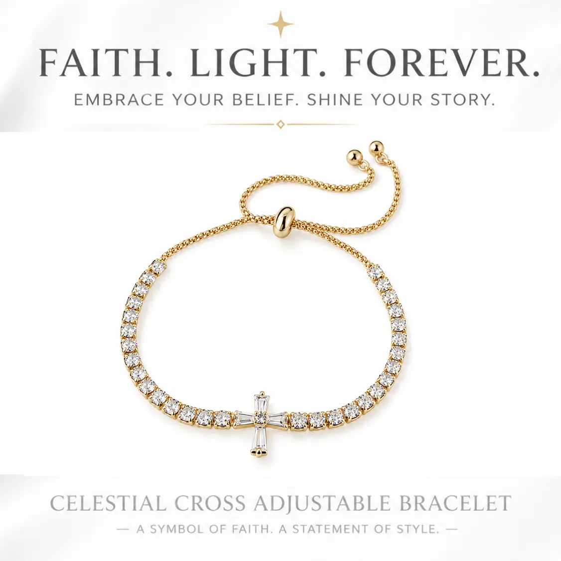 Women's Classic Woven Light 14K Gold-Plated Cross Bracelet (10*10.3mm, 6g) with 32 Zircon Stones, Christian Faith Jewelry for Any Occasion, Meaningful Gift for Loved Ones