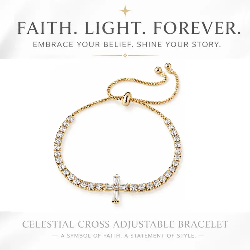 Women's Classic Woven Light 14K Gold-Plated Cross Bracelet (10*10.3mm, 6g) with 32 Zircon Stones, Christian Faith Jewelry for Any Occasion, Meaningful Gift for Loved Ones