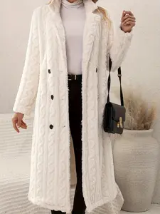 Women's Fall Winter Textured Jacquard Knit Coat, Long Sleeve Fuzzy Outerwear with Button Pockets, Casual Fashion Knitwear Jacket for Ladies